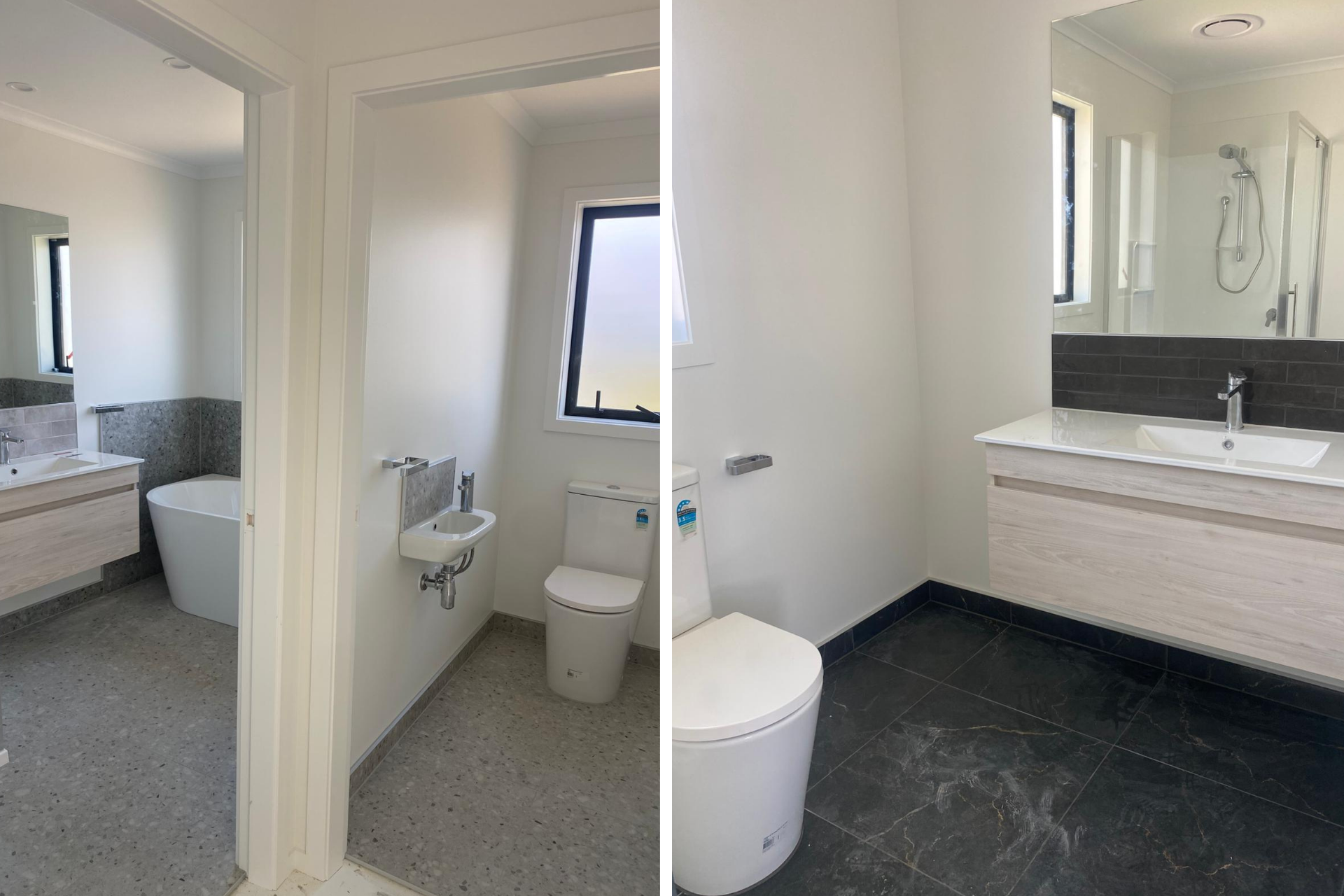 tiled bathroom, vanity and mirrors installed