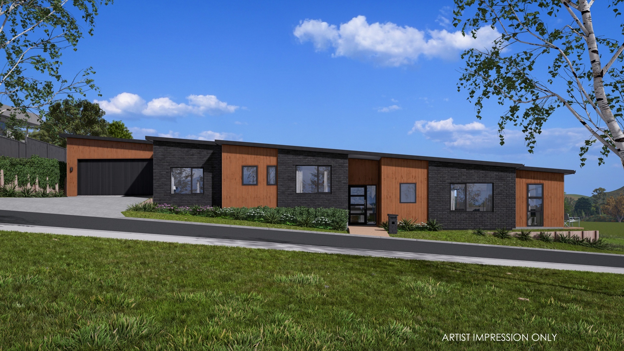  Generation Homes DESIGNER FAMILY HOME - SPRINGFIELD/MATIPO HEIGHTS/PUKEHANGI! 8A MATIPO AVE 8 A Matipo 3 D View 01 Cedar Black Brick Render 